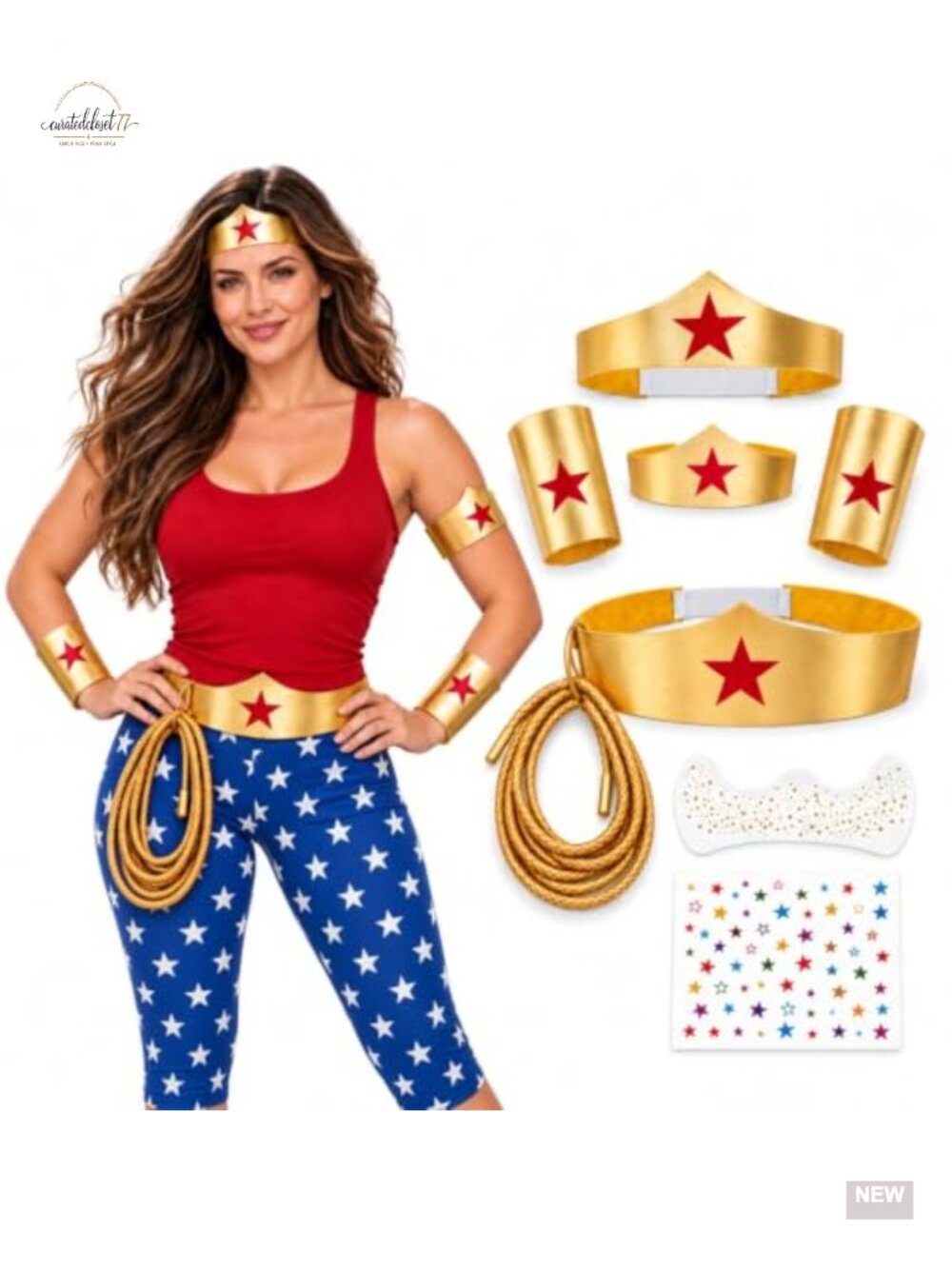 8PC Halloween Warrior Hero Costume Accessory Set Gold Tiara Belt Lasso